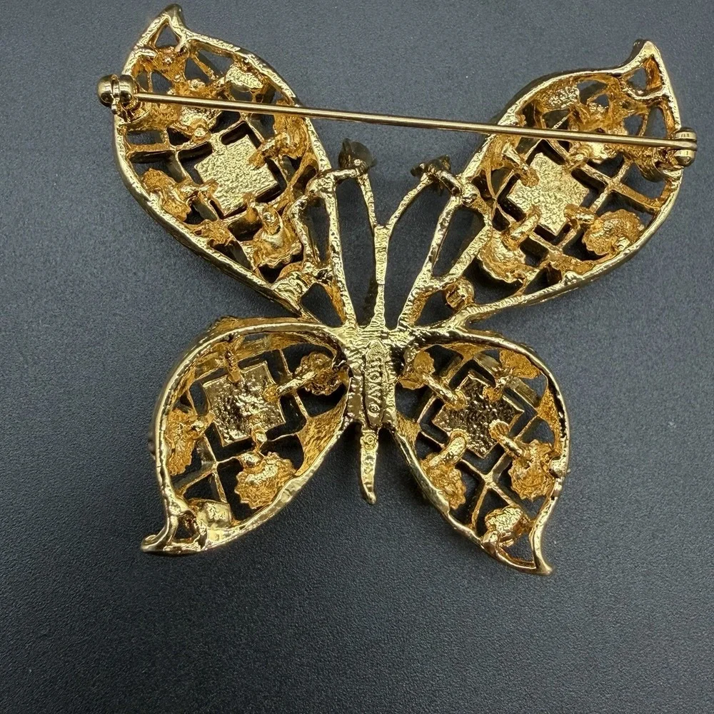Avon Vintage Butterfly Brooch Gold Tone Faux Pearl Red Lucite Rhinestone Pin